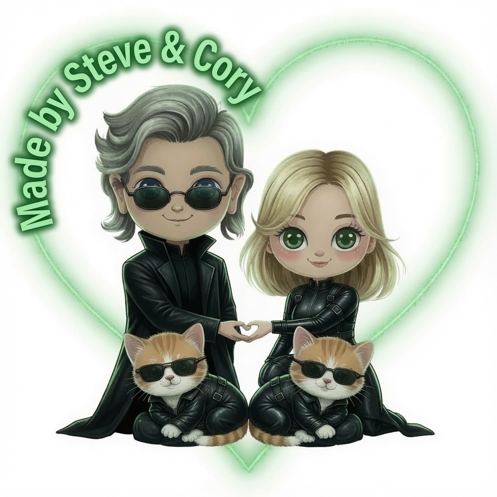 Cute illustration of Steve and Cory in Matrix outfits with our cats Nani and Pumpkin in sunglasses, surrounded by a green heart reading Made by Steve and Cory